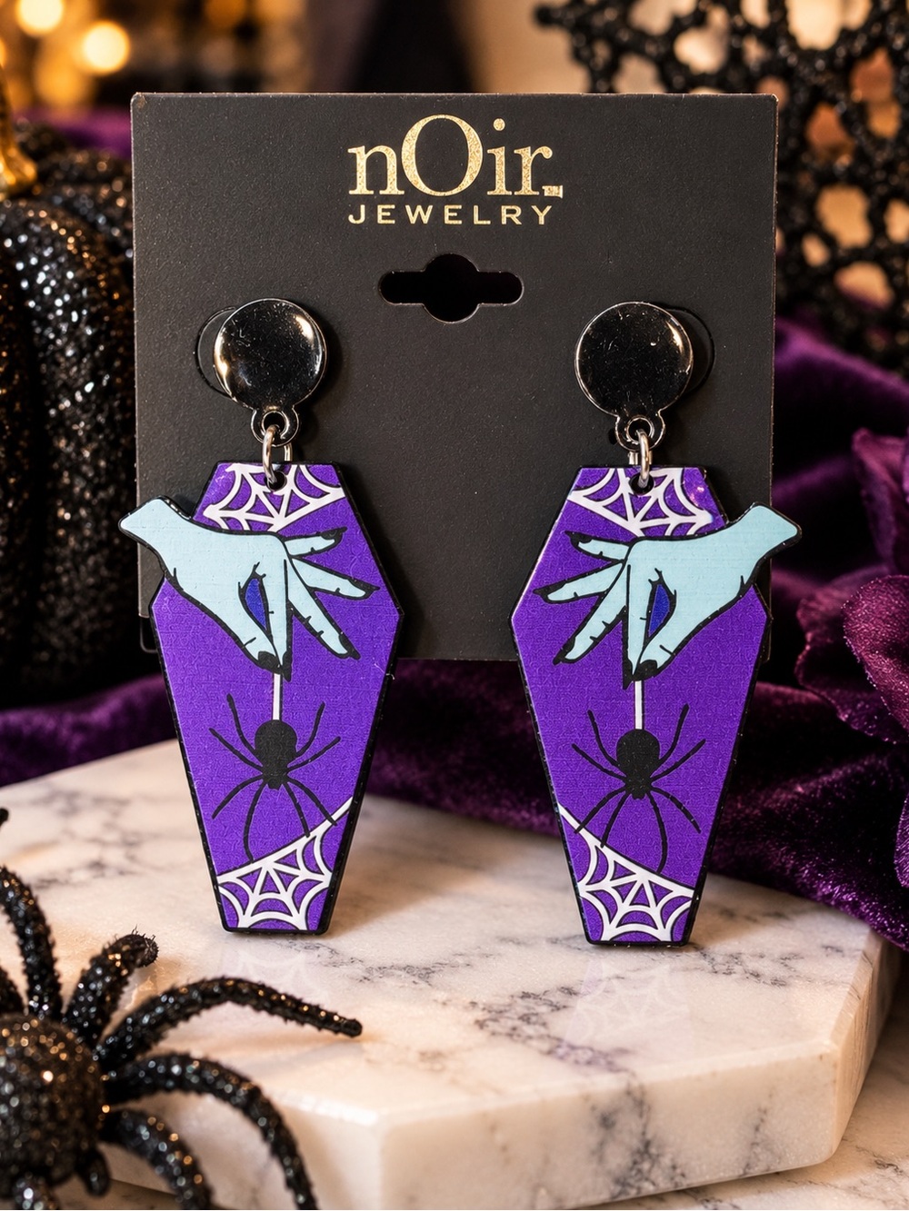 nOir Jewelry Purple Coffin Spider Halloween Earrings